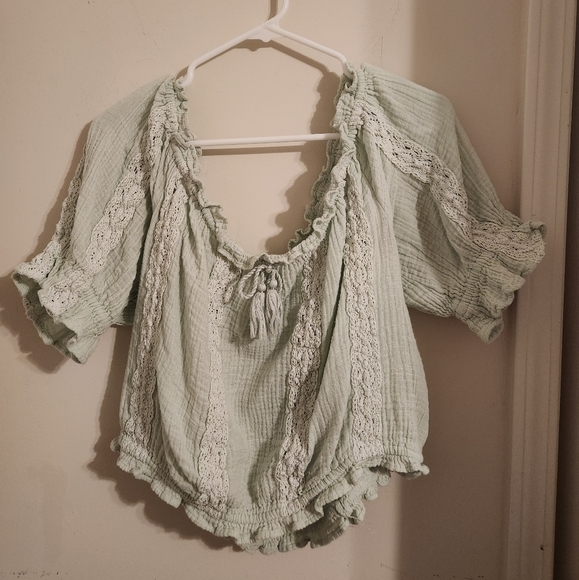 American Eagle  Mint Green Lace Trimmed    Shorts Set L-XL - Picture 2 of 8